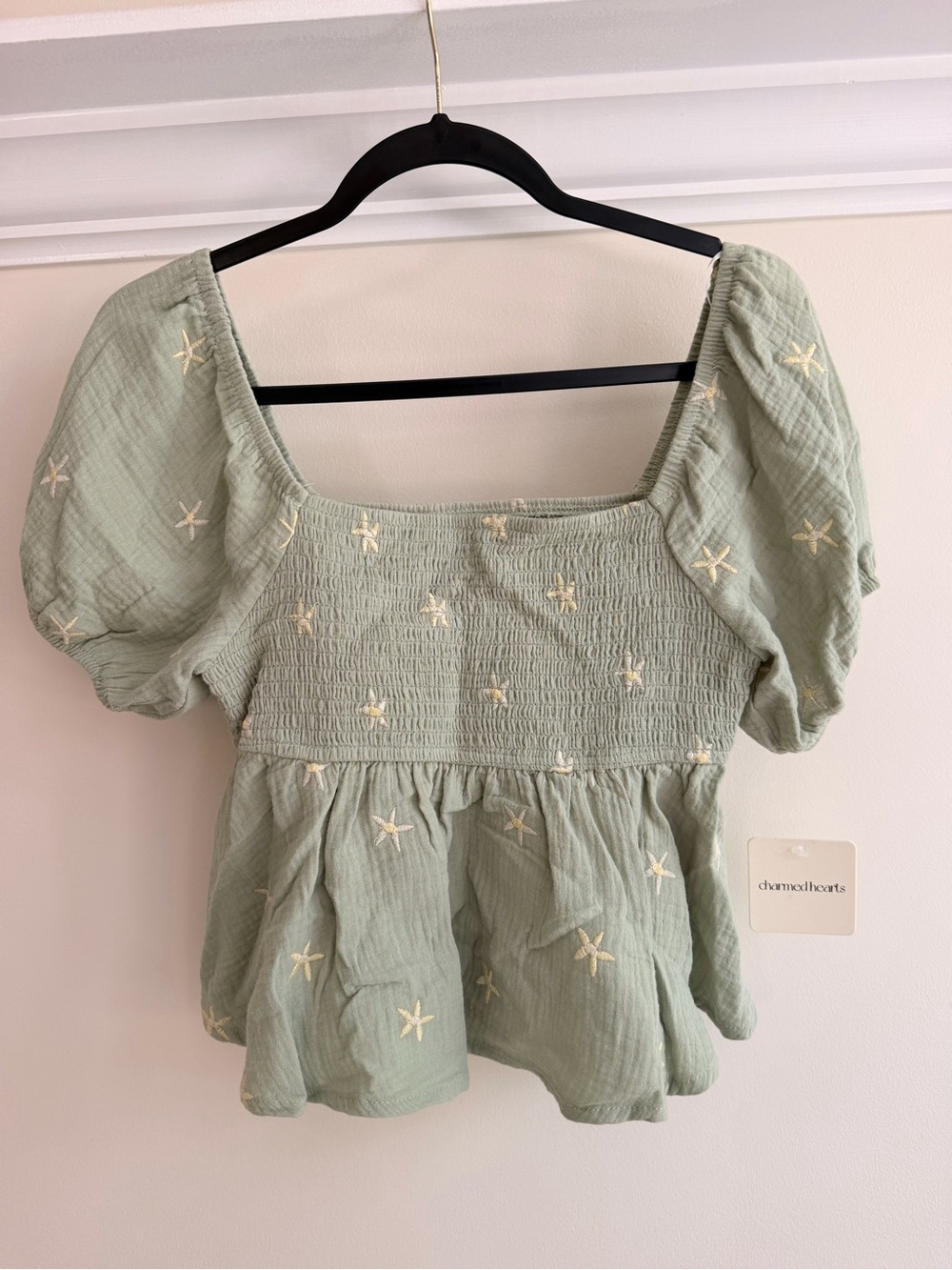 Smocked Puff-Sleeve Peplum Top in Sage Green